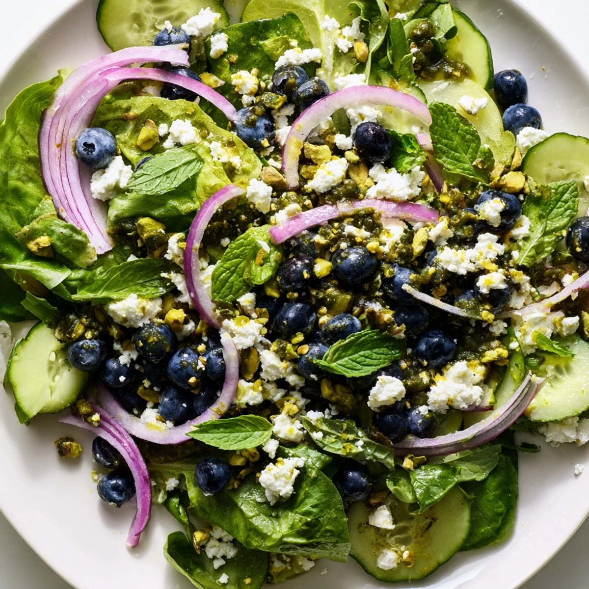 Vibrant Blueberry Pistachio Spring Salad drizzled with tangy lemon honey vinaigrette dressing