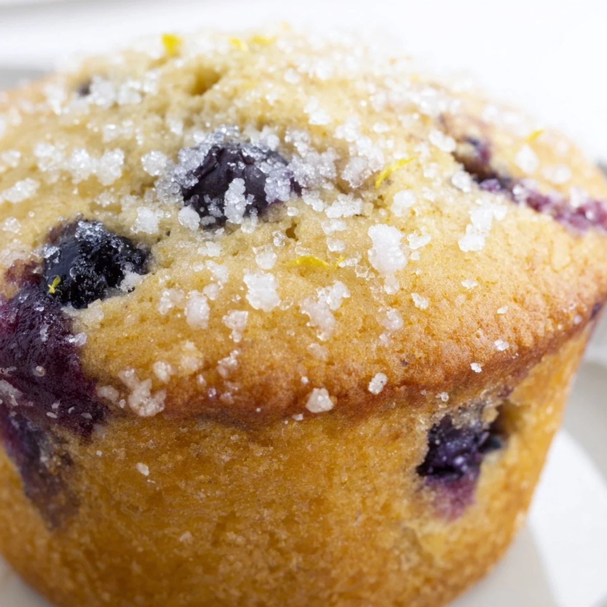 Golden lemon blueberry muffins with sparkling sugar tops fresh from the oven