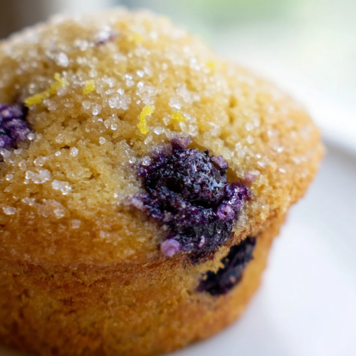 Moist lemon blueberry muffins bursting with juicy berries on a rustic plate