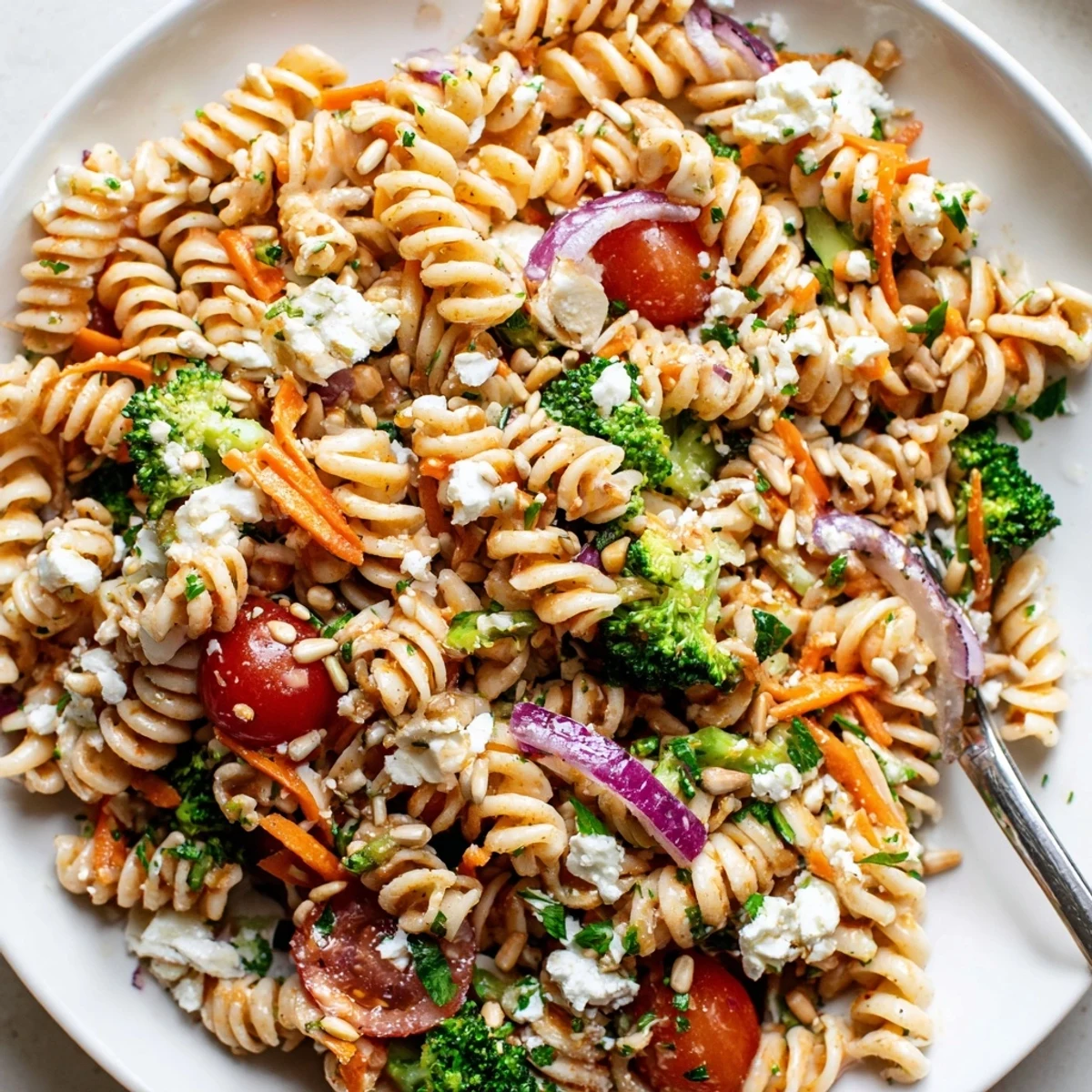 Fresh broccoli pasta salad in a large serving bowl with vibrant cherry tomatoes and creamy feta