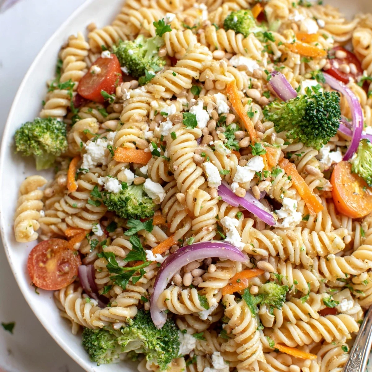 Crisp broccoli pasta salad tossed with zesty lemon dressing and colorful vegetables in a white bowl