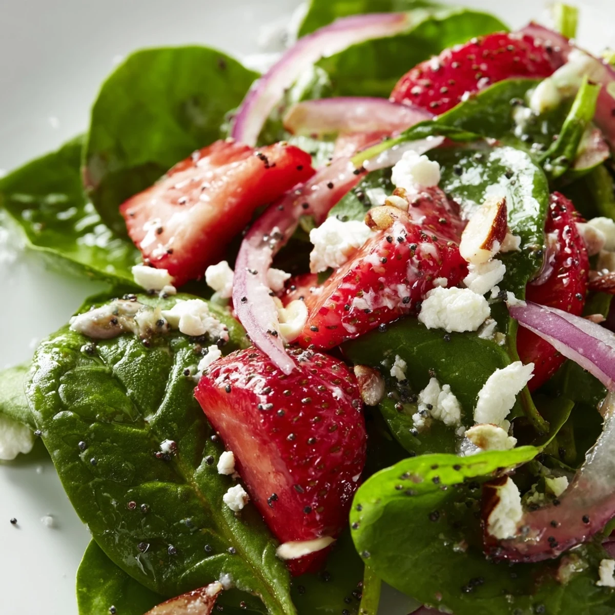 Fresh strawberry spinach salad topped with crumbled feta cheese and toasted almonds