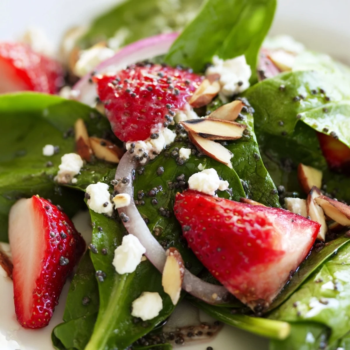 Vibrant strawberry spinach salad with glossy balsamic poppy seed dressing in wooden bowl