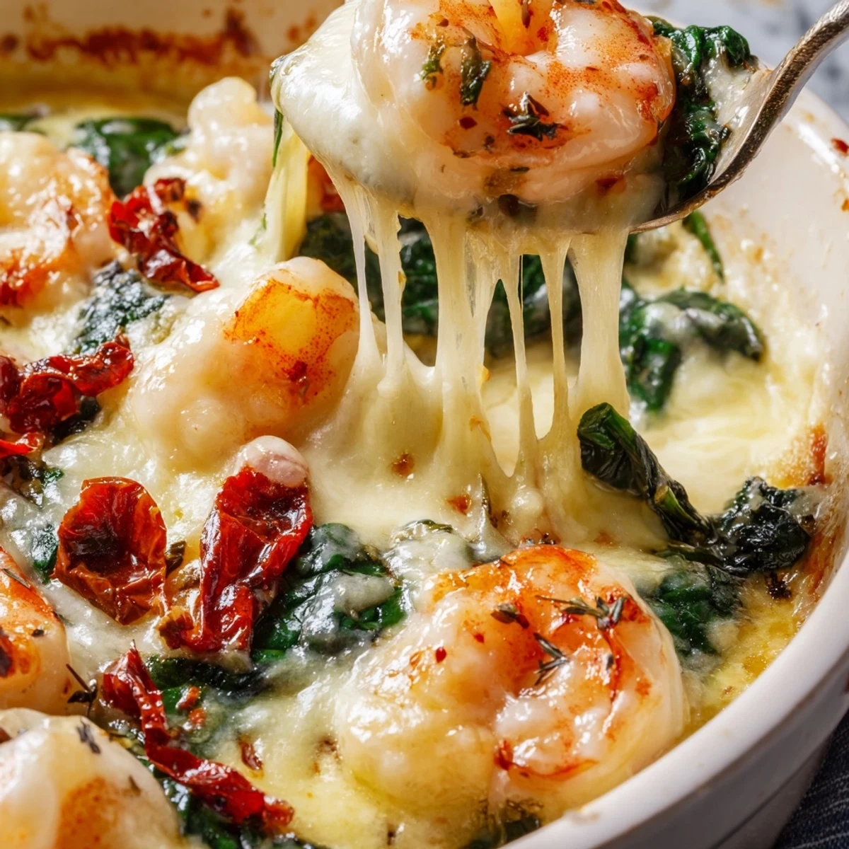 Creamy Low Carb Shrimp Tuscan Bake served in a cast iron skillet with wilted spinach