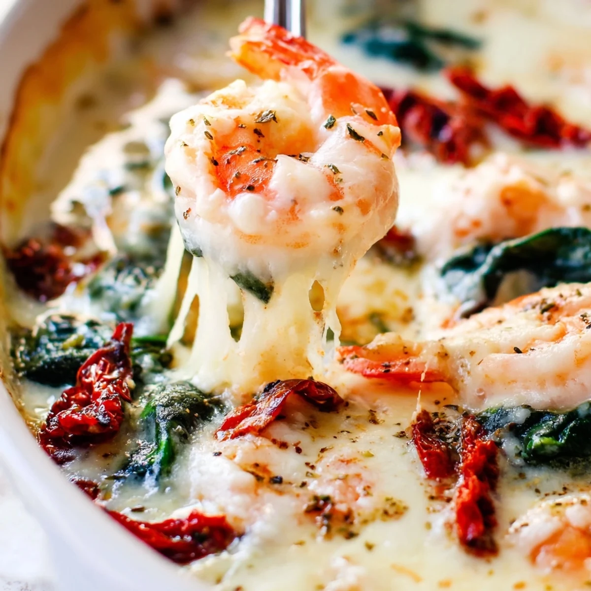 Golden bubbling Low Carb Shrimp Tuscan Bake with melted mozzarella and sun-dried tomatoes