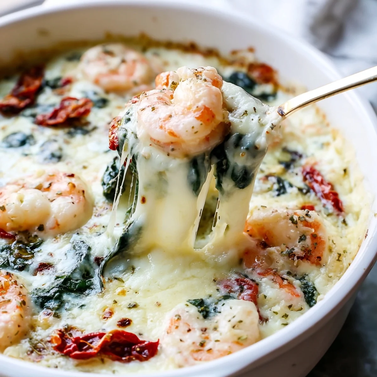 Low Carb Shrimp Tuscan Bake topped with gooey cheese and fresh parsley garnish