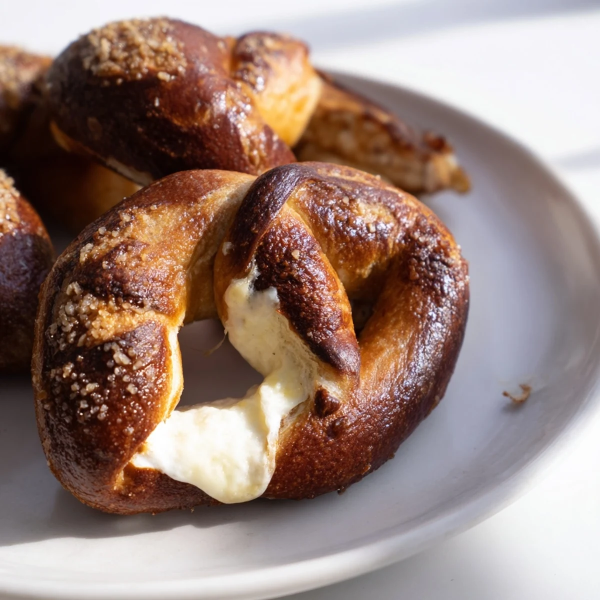 Golden mozzarella stuffed soft pretzels with coarse salt sprinkled on top served warm