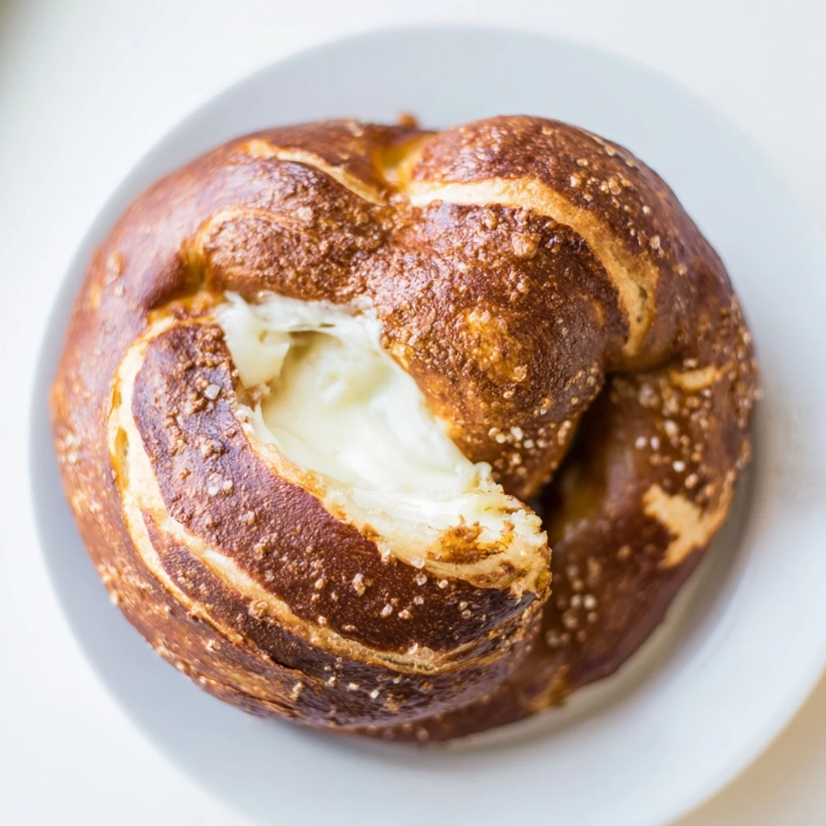 Oozy melted cheese stretching from inside freshly baked mozzarella stuffed soft pretzels on parchment