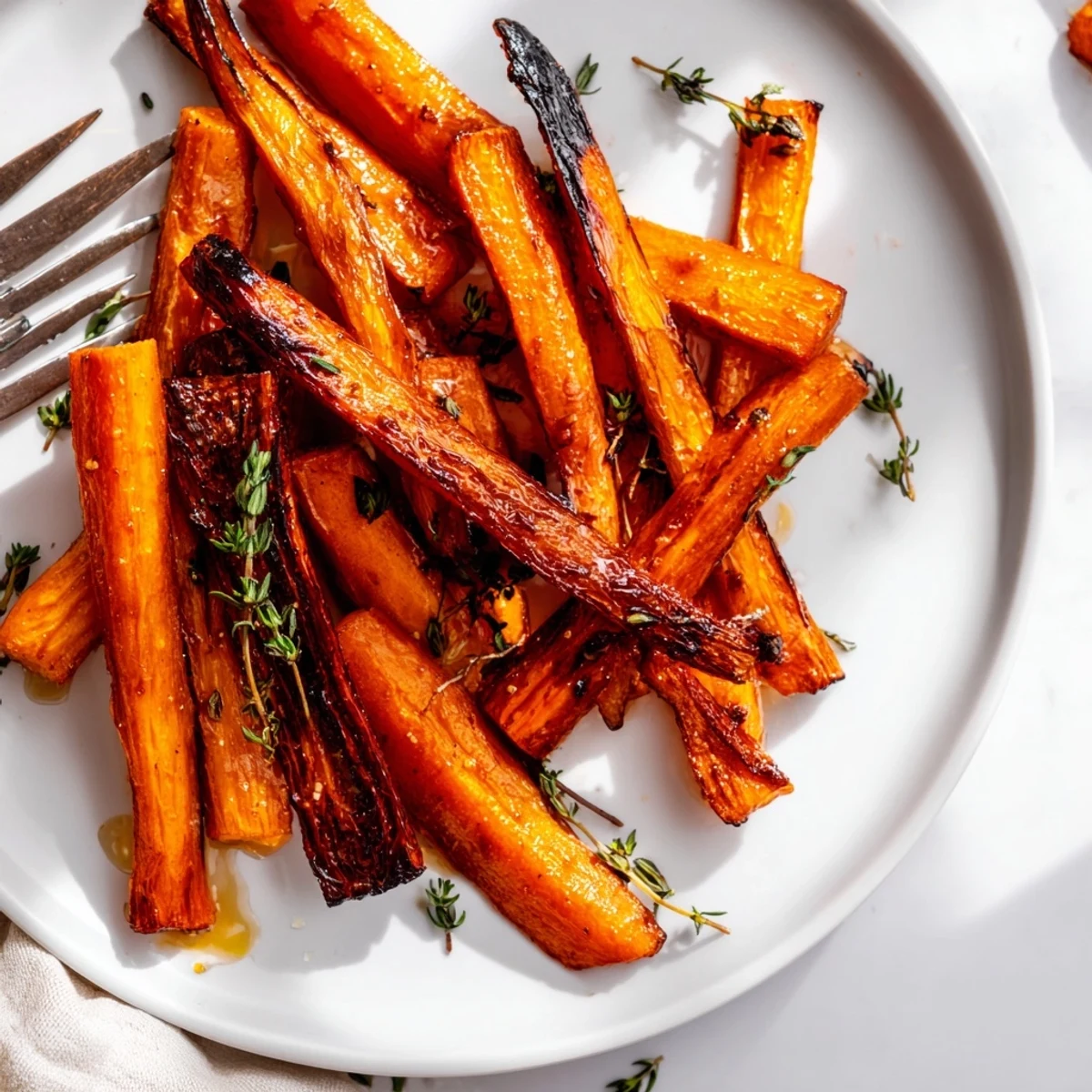Golden honey roasted carrots glistening with caramelized glaze on a white serving platter