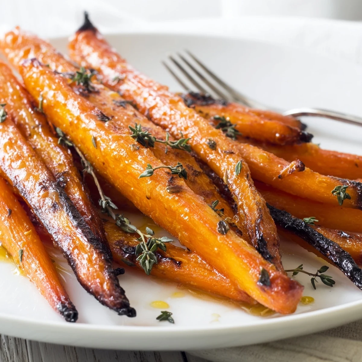 Tender honey roasted carrots with fresh herbs on a rustic wooden cutting board
