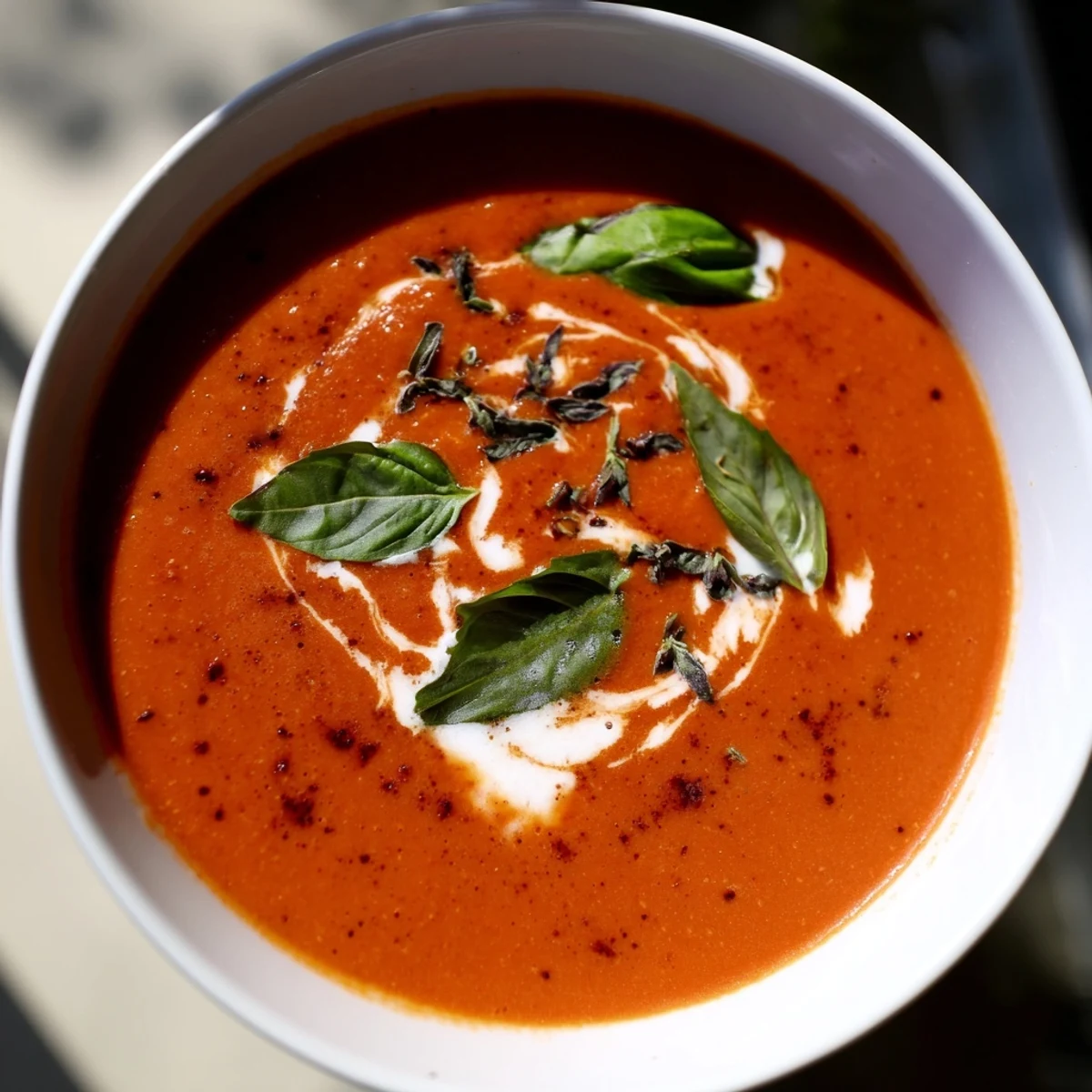 A steaming bowl of fire roasted tomato soup topped with fresh basil leaves and a swirl of cream