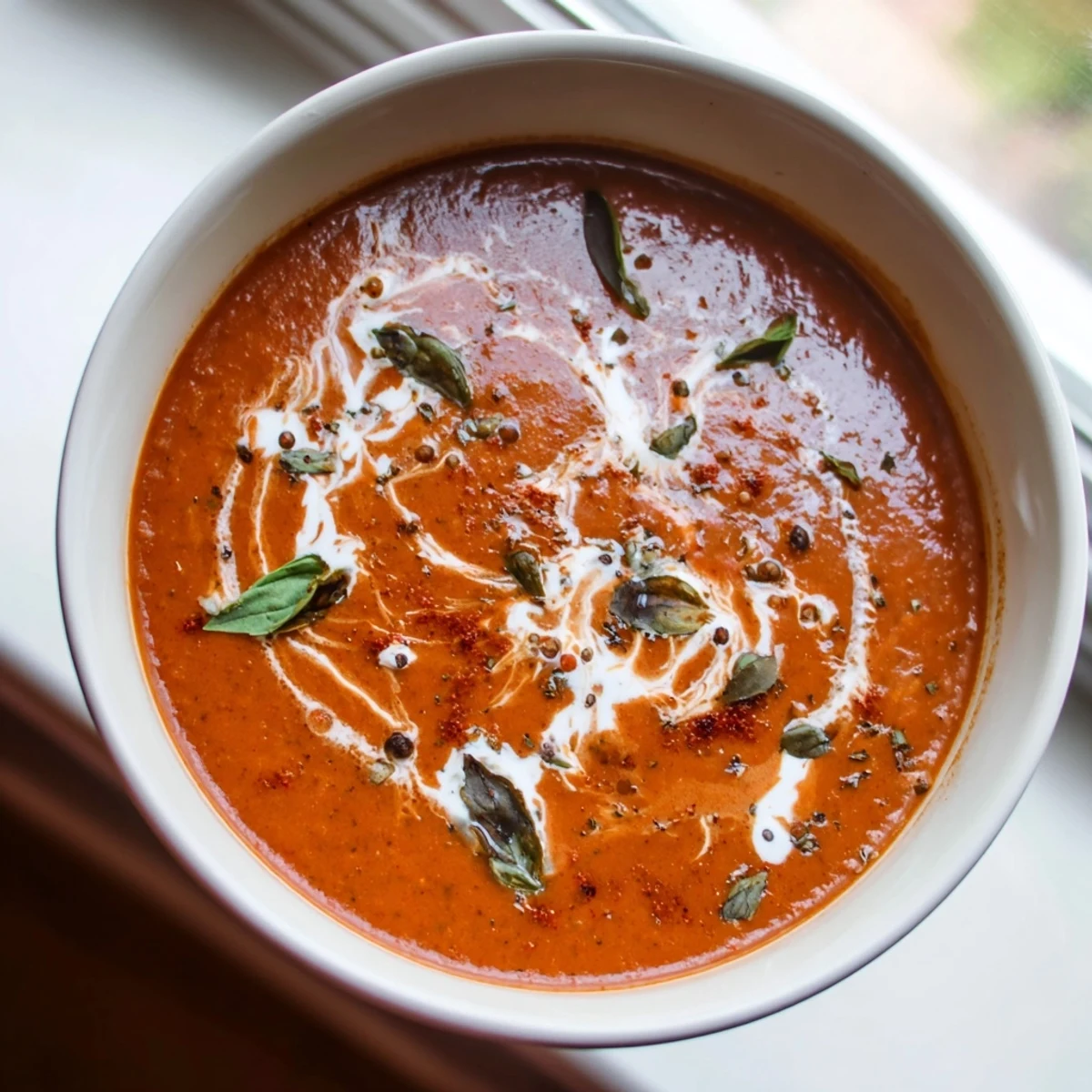 Creamy fire roasted tomato soup served in a rustic bowl alongside a golden grilled cheese sandwich