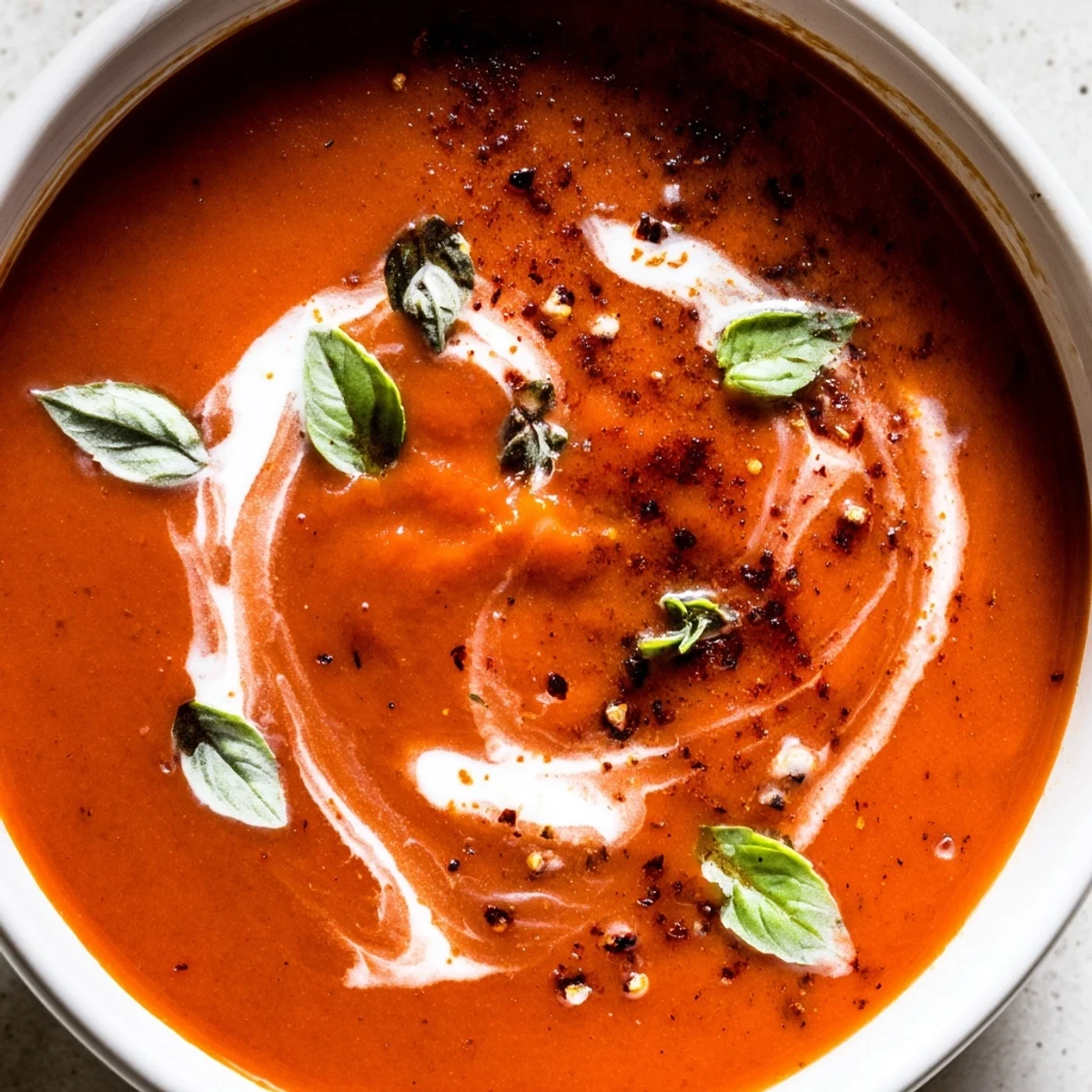 Velvety red fire roasted tomato soup garnished with parsley, ladled into a white ceramic bowl