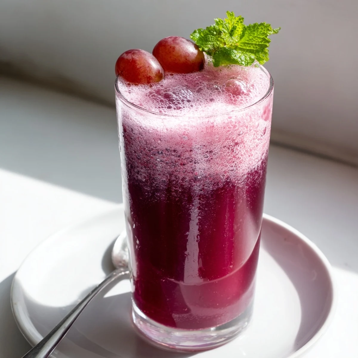 Grape Agua Fresca served over ice in a tall glass with fresh mint garnish