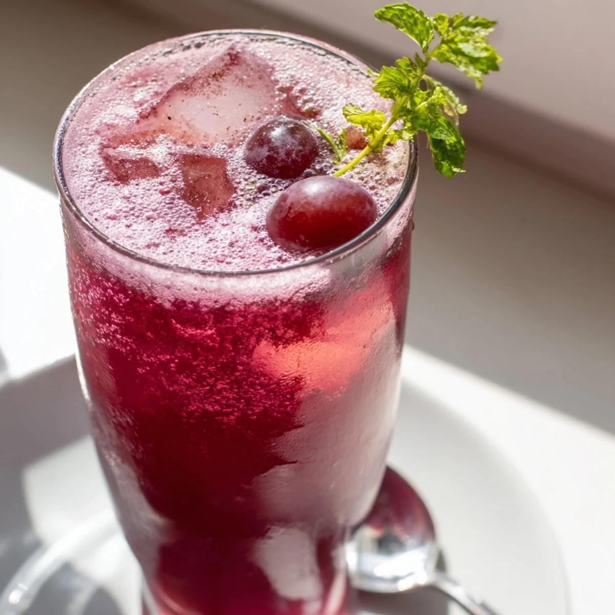 Vibrant purple Grape Agua Fresca poured into glasses with lime wedges and ice cubes