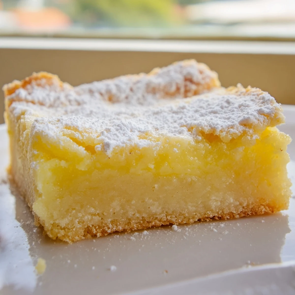 Golden Lemon Gooey Butter Cake squares dusted with powdered sugar on a white ceramic plate