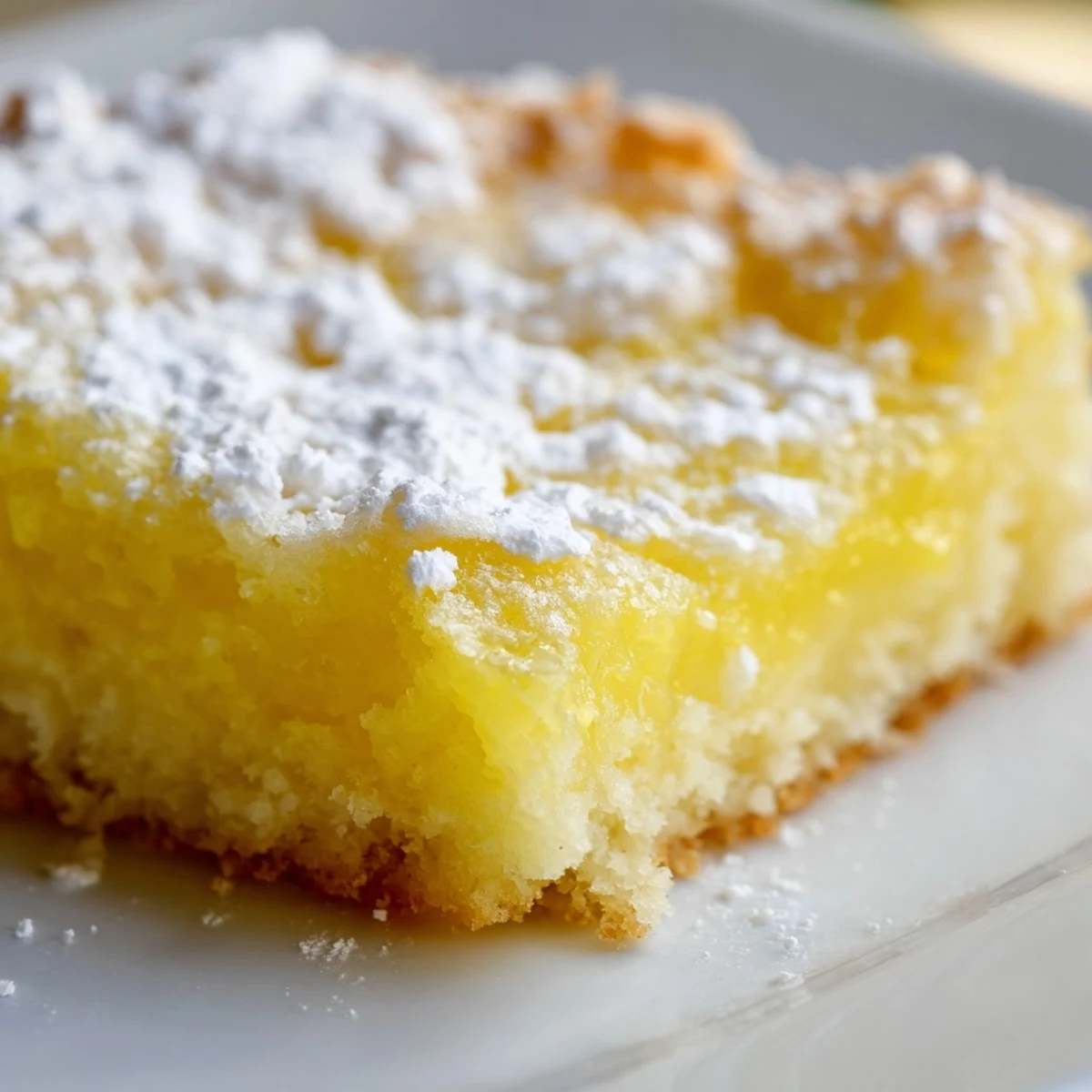 Creamy Lemon Gooey Butter Cake with tangy custard filling and golden buttery crust edges