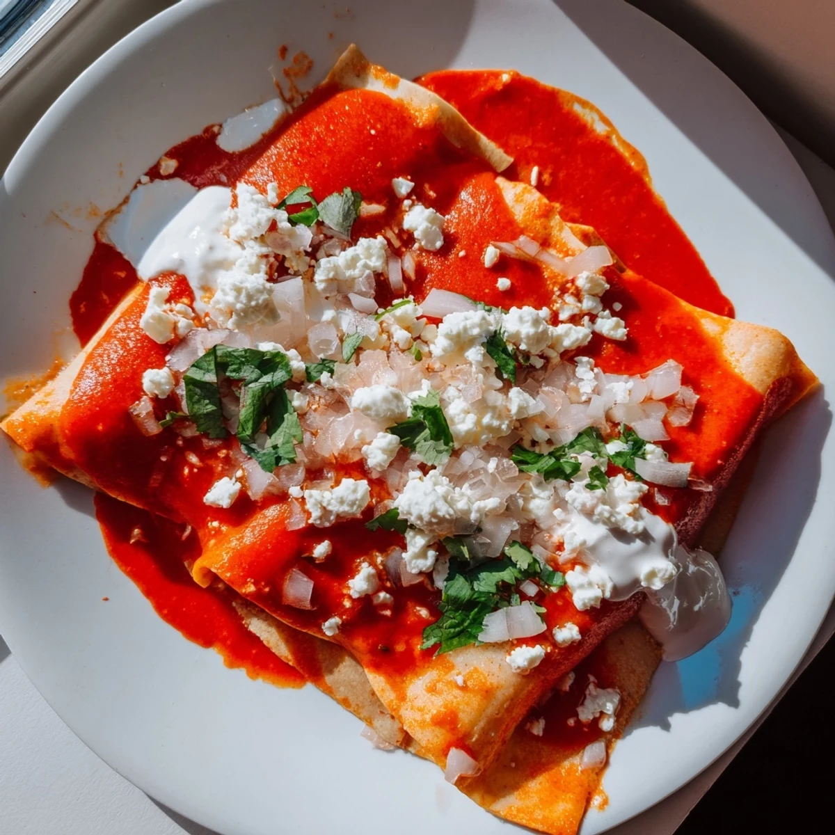 Warm corn tortillas dipped in vibrant tomato sauce folded into cheesy entomatadas with fresh cilantro