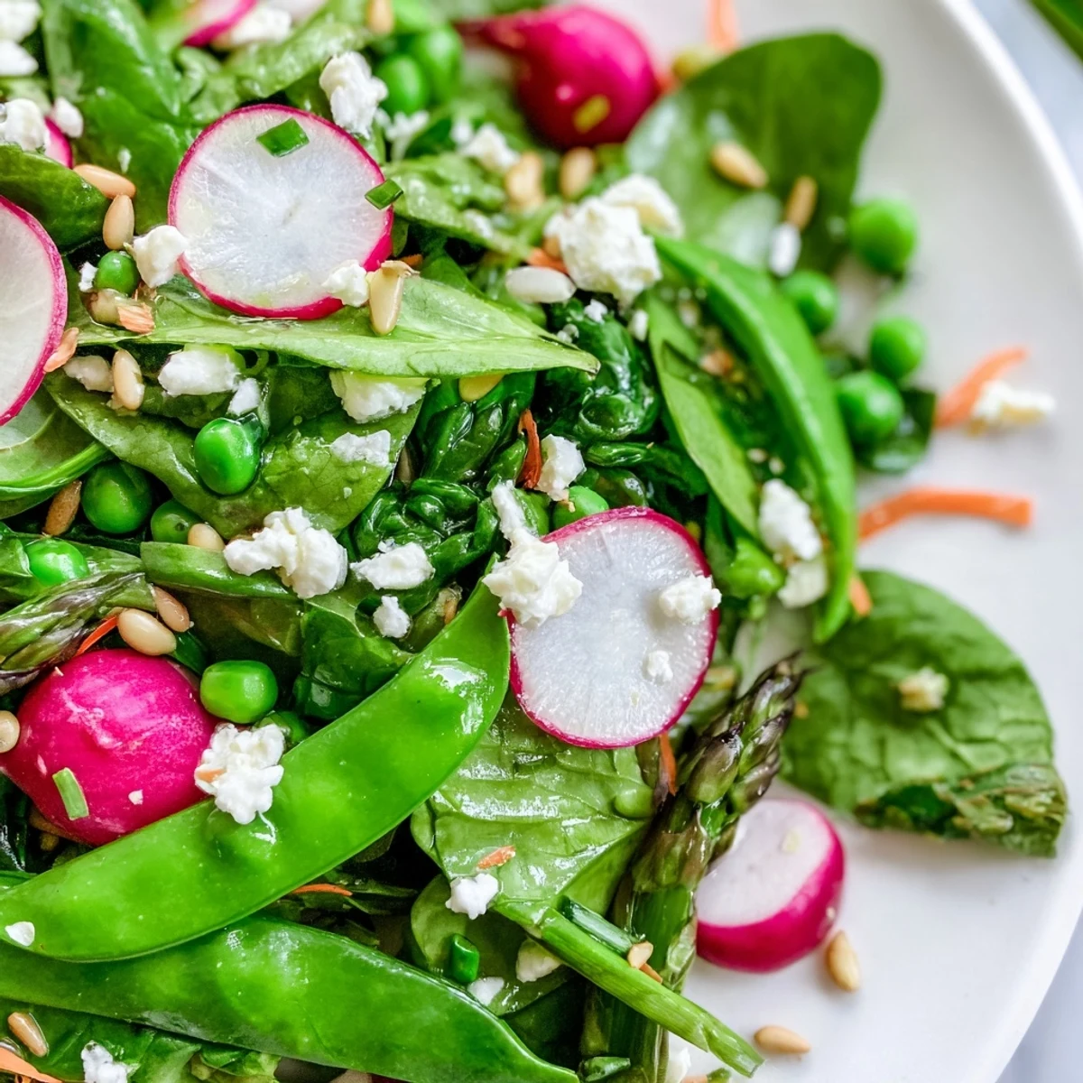 Bright spring salad topped with crumbled feta, toasted sunflower seeds, and fresh citrus dressing