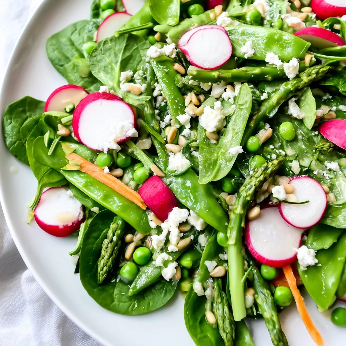Vibrant bright spring salad featuring crisp radishes, blanched asparagus, and tender greens in bowl