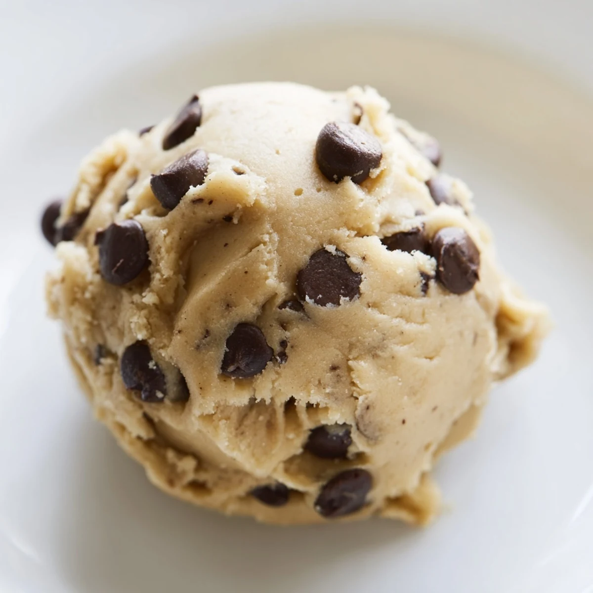Creamy chocolate chip cookie dough scooped into balls with mini chocolate chips throughout