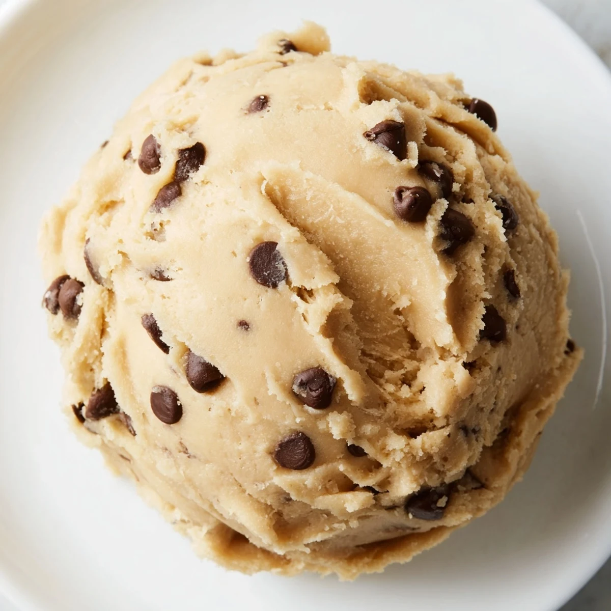 Edible chocolate chip cookie dough in a bowl sprinkled with extra chocolate chips