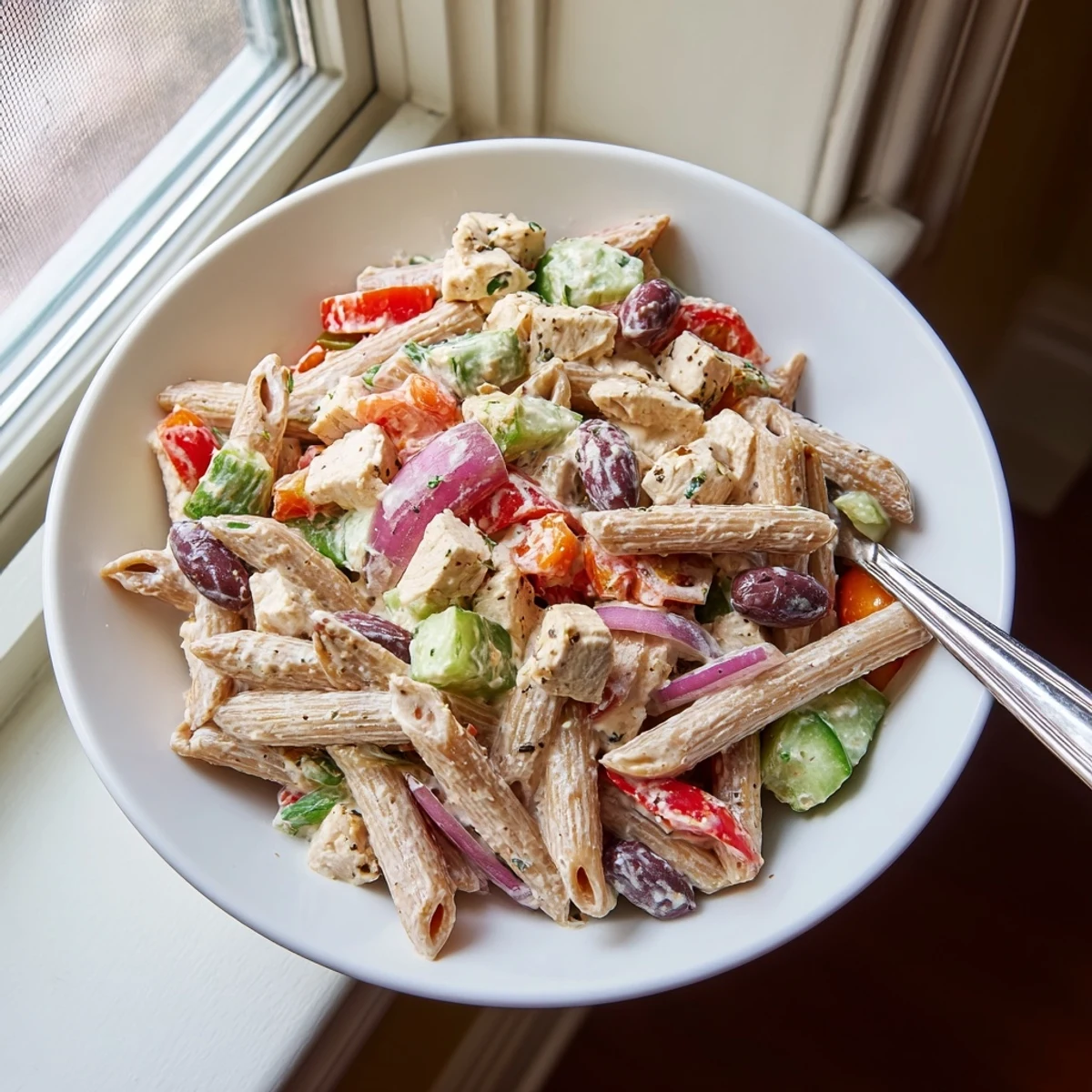 Colorful high protein Greek pasta salad loaded with feta, olives, and crisp fresh vegetables