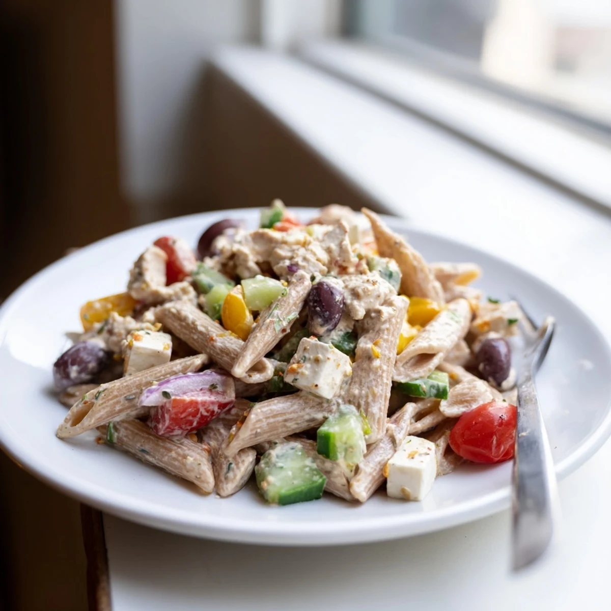 Creamy high protein Greek pasta salad in a white bowl with cherry tomatoes and cucumber