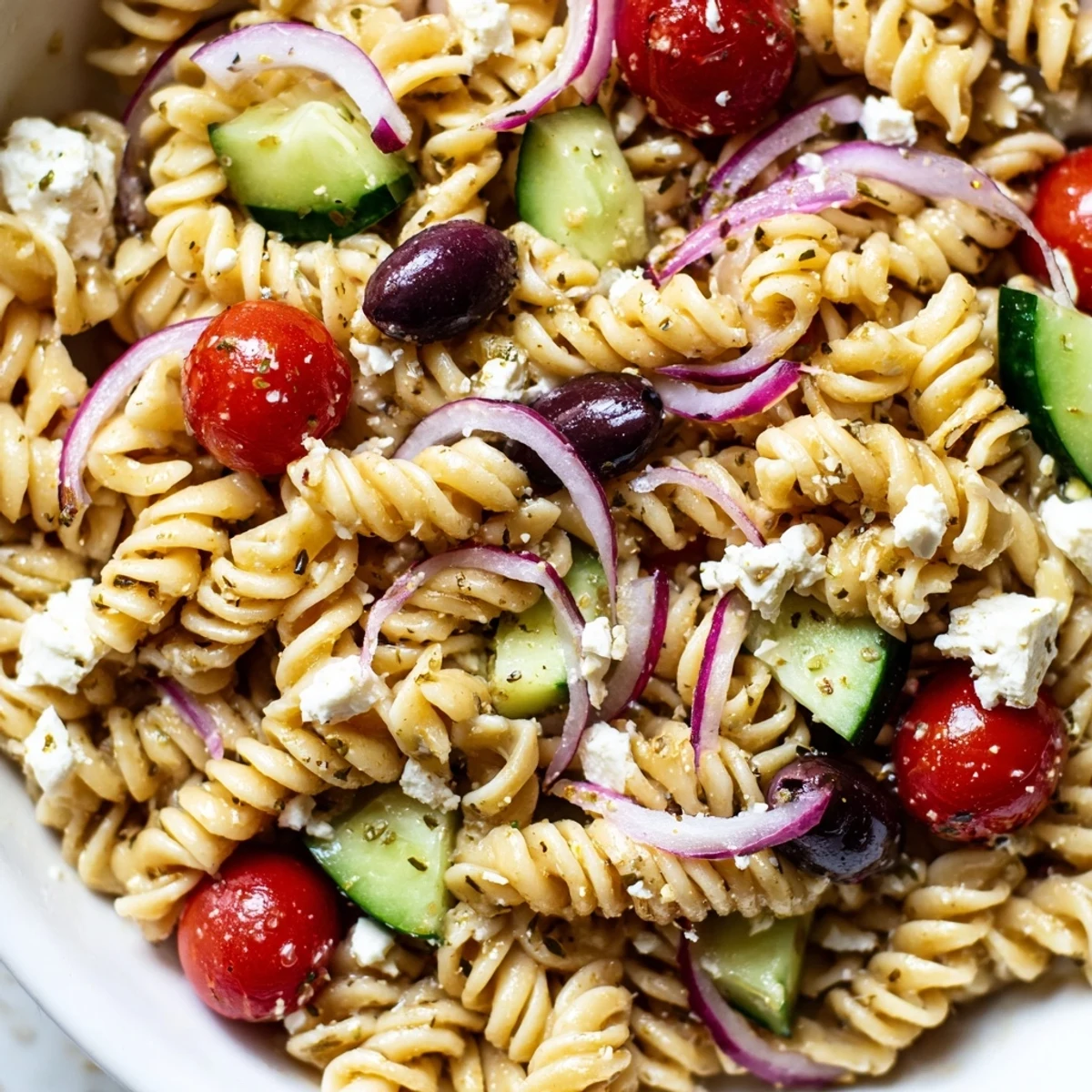Colorful Greek pasta salad loaded with crisp cucumber, tomatoes, olives, and feta cheese