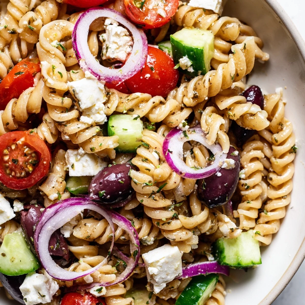 Greek pasta salad in a white bowl with vibrant vegetables and herbs