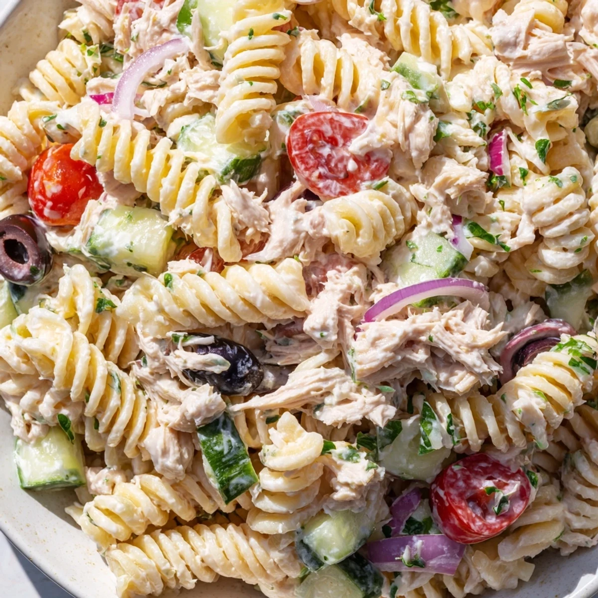 Creamy tuna pasta salad in a white bowl with cherry tomatoes and crisp vegetables