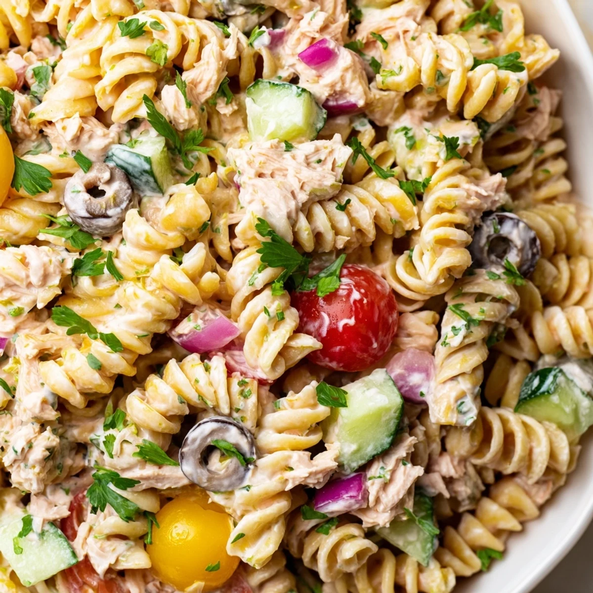 Chilled tuna pasta salad topped with black olives and fresh parsley garnish