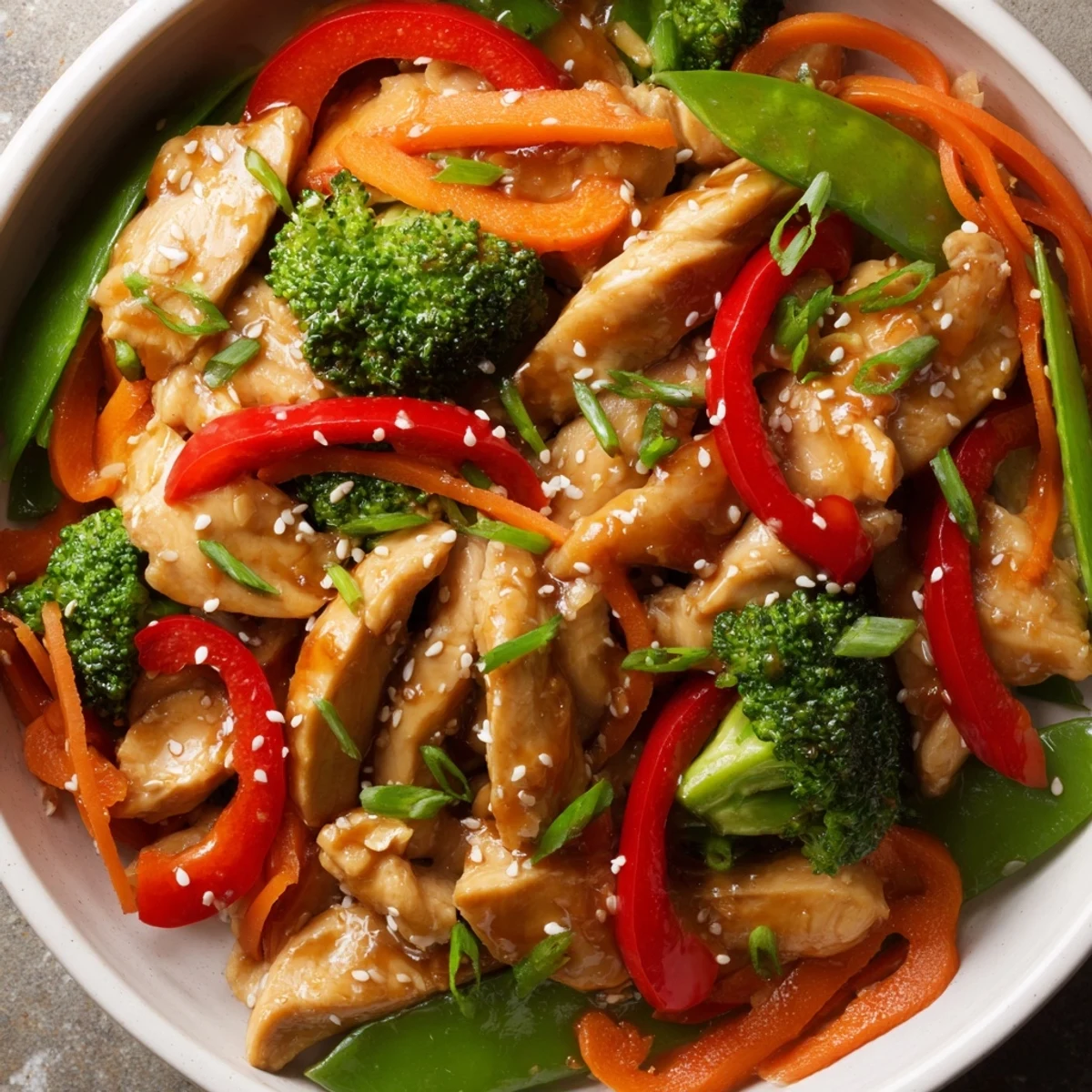 Sesame soy chicken stir fry with colorful crisp vegetables in a glossy brown sauce