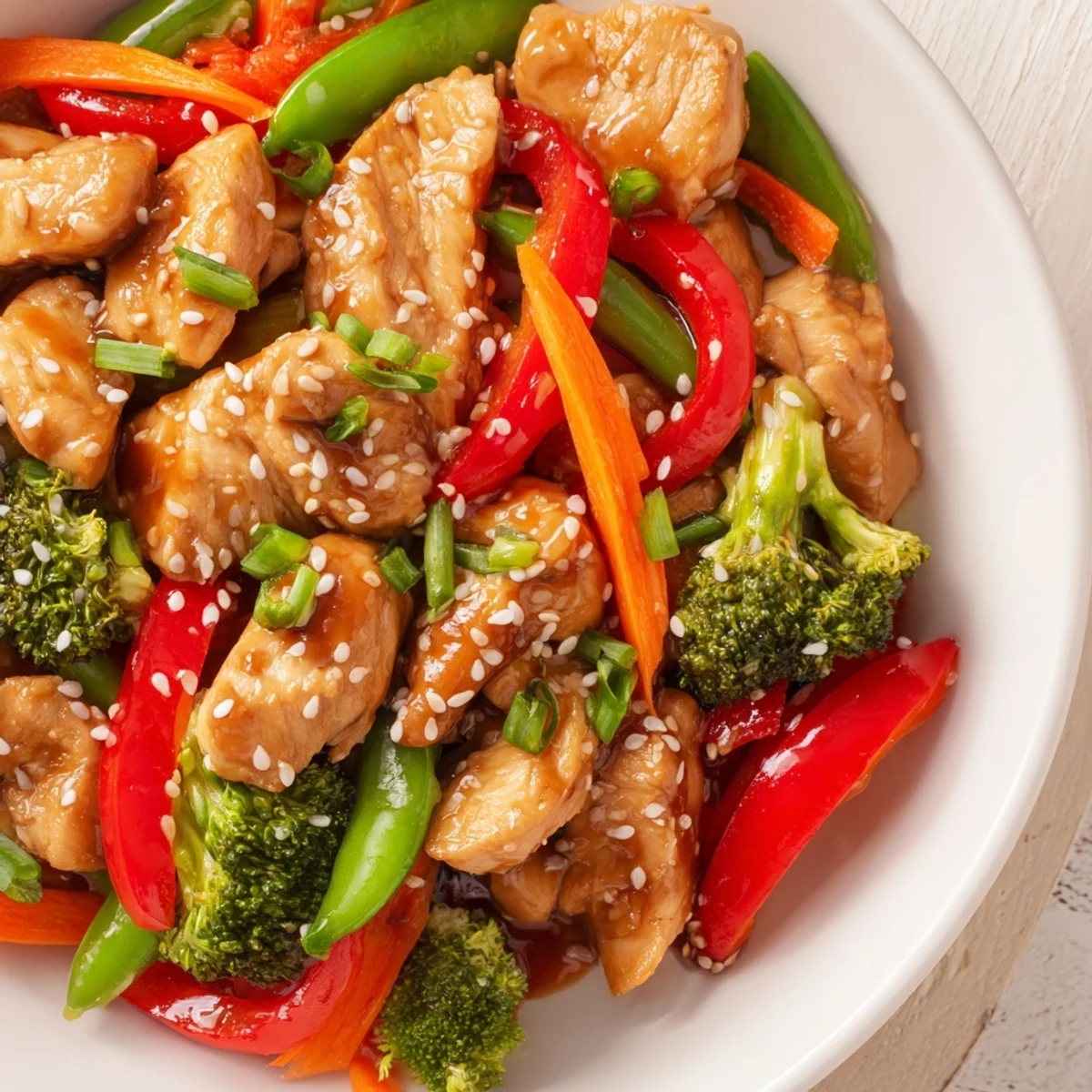 Tender sesame soy chicken stir fry topped with sesame seeds and fresh green onions