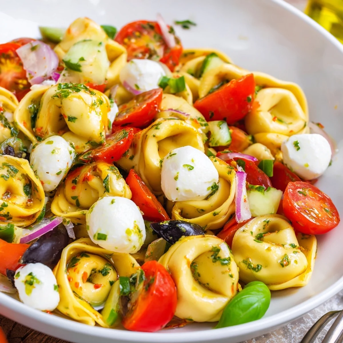 Colorful tortellini pasta salad loaded with fresh vegetables and creamy mozzarella in zesty Italian dressing