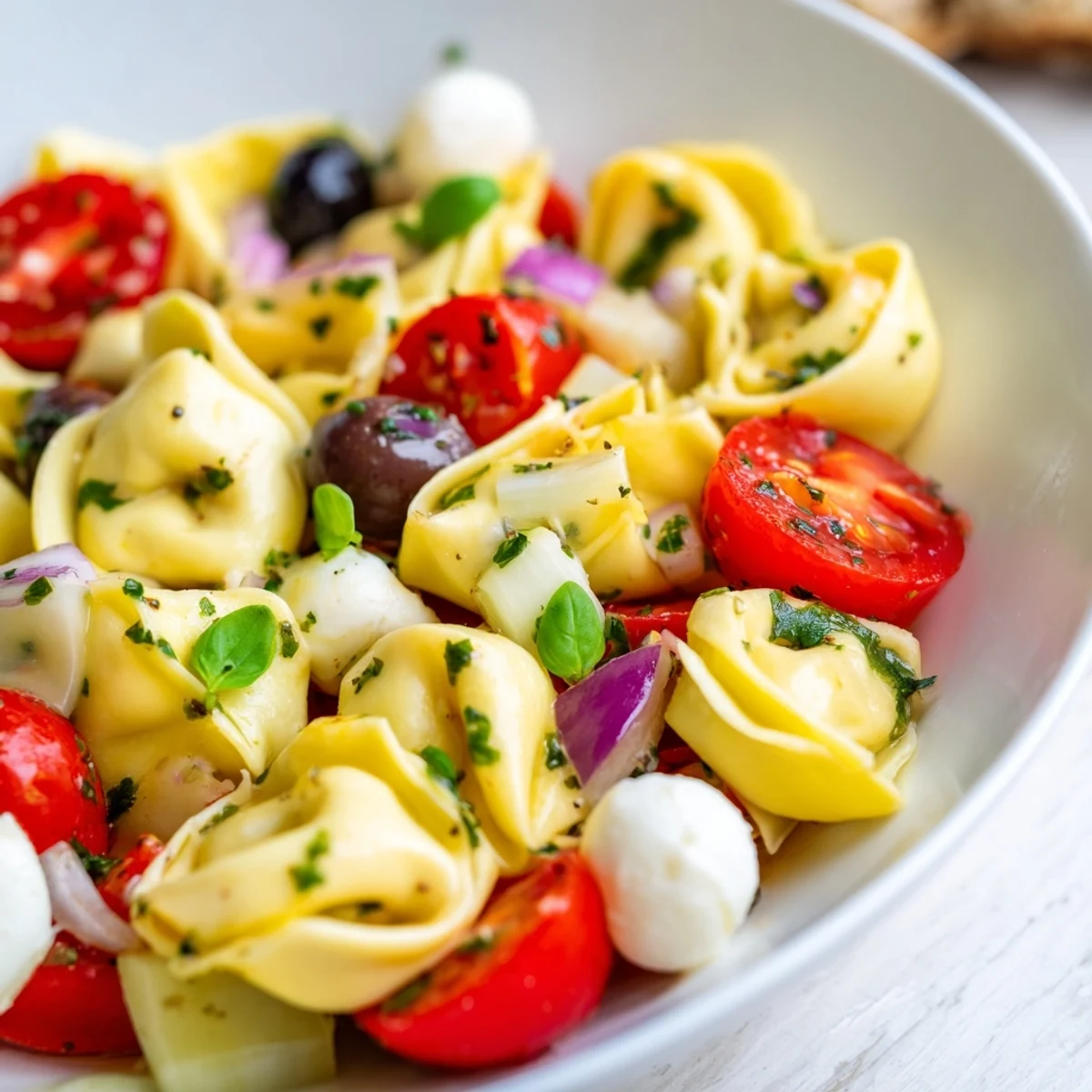 Tortellini pasta salad served chilled in a bowl with cherry tomatoes, cucumber, and fragrant basil