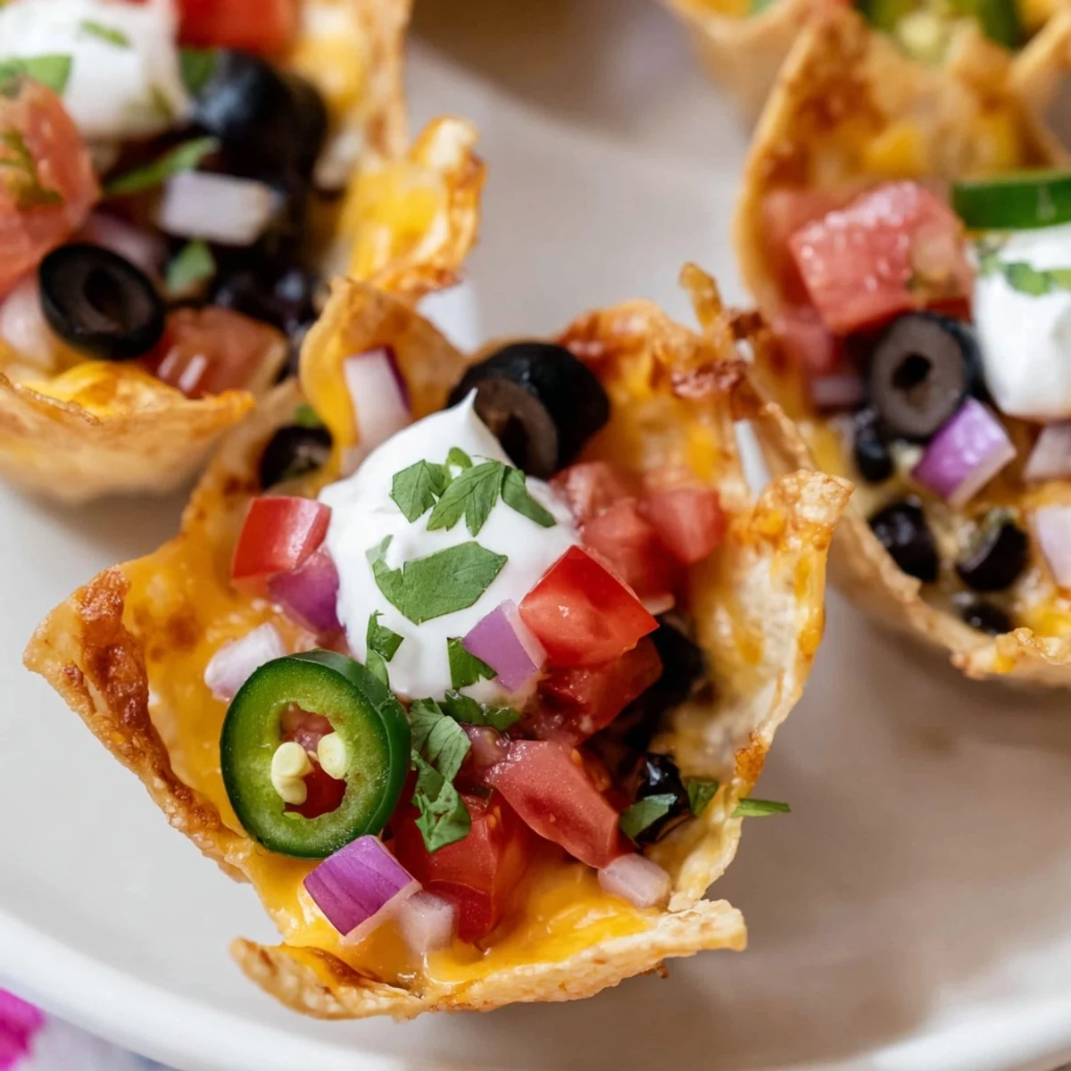 Golden cheesy nacho cups with melted cheddar, beans, and tomatoes in crispy tortilla shells