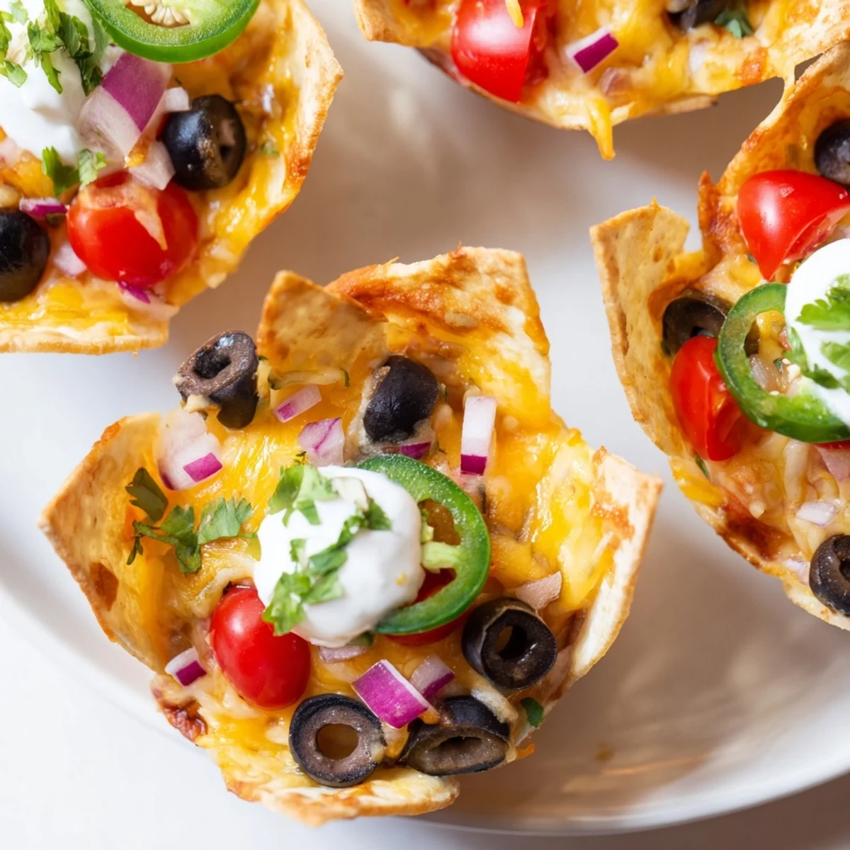 Mini tortilla cups overflowing with gooey Monterey Jack cheese and zesty game day toppings
