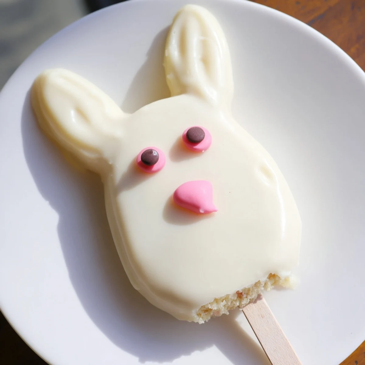Adorable white chocolate bunny cakesicles with candy eyes on sticks for Easter