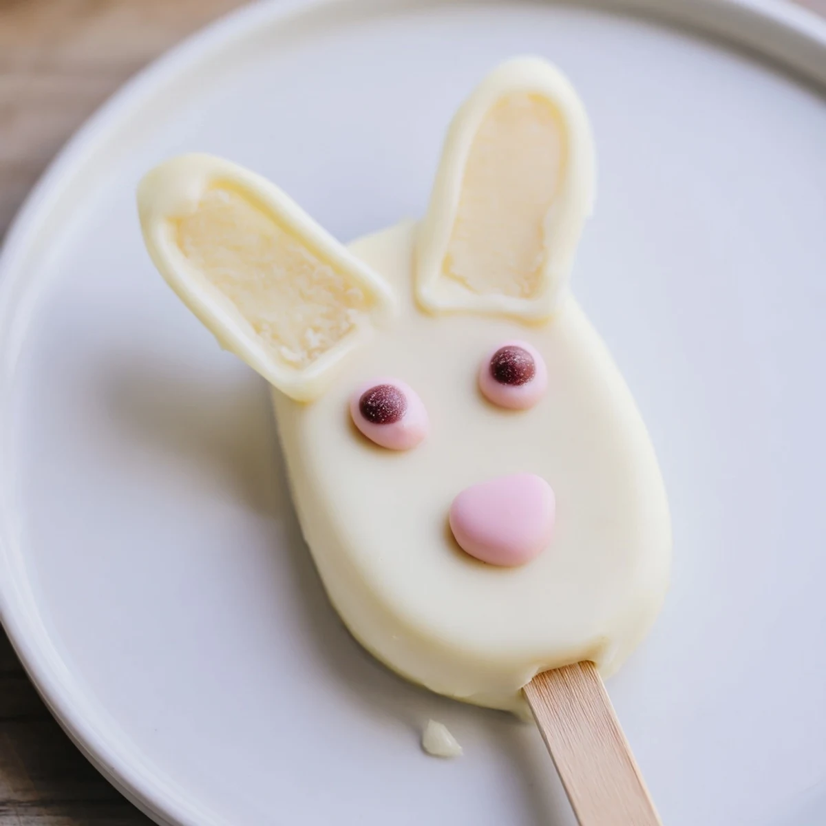 Creamy white chocolate bunny cakesicles decorated with pink ears and sprinkles