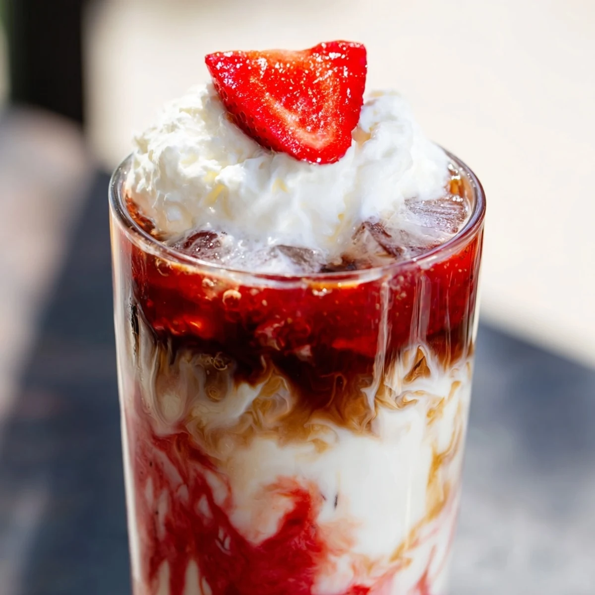 Creamy strawberry cold latte in a tall glass with fresh berry garnish and ice