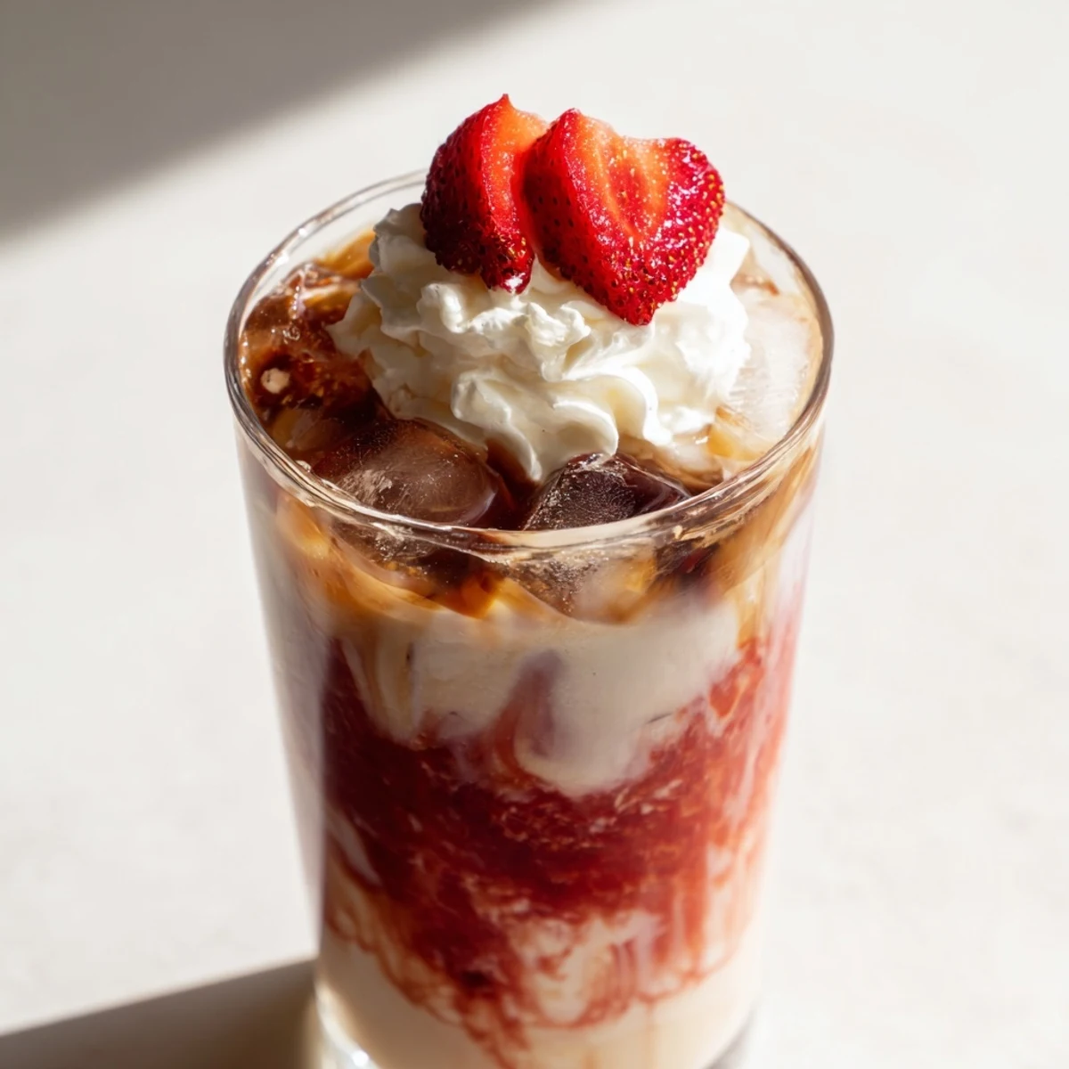Iced strawberry cream latte with swirled coffee layers served over ice in clear glass