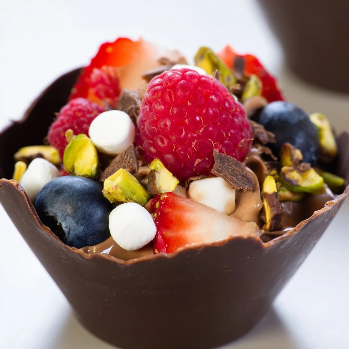Decadent chocolate grazing cups filled with fluffy mousse and topped with fresh berries and nuts