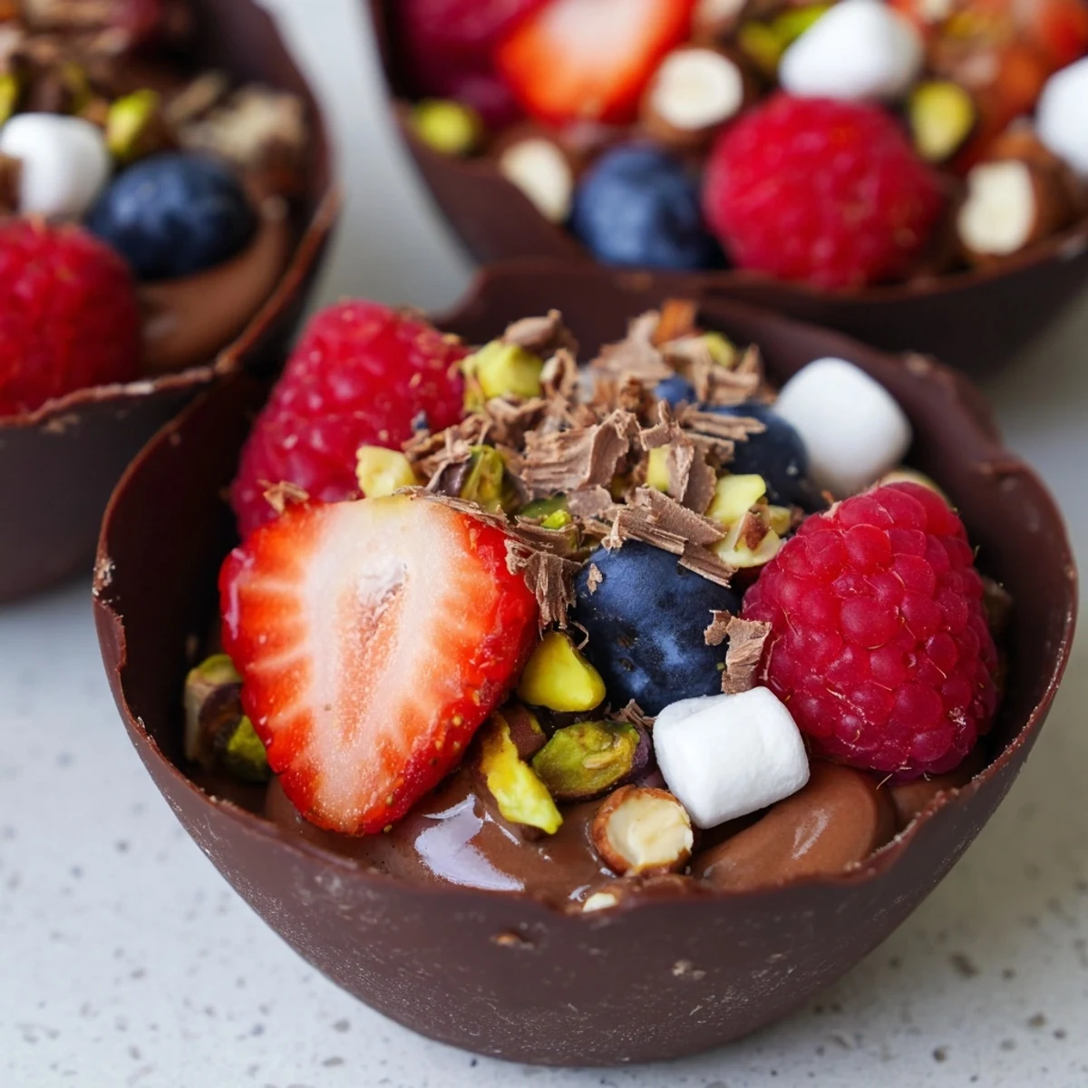 Rich chocolate grazing cups topped with vibrant berries and crunchy nuts for elegant entertaining
