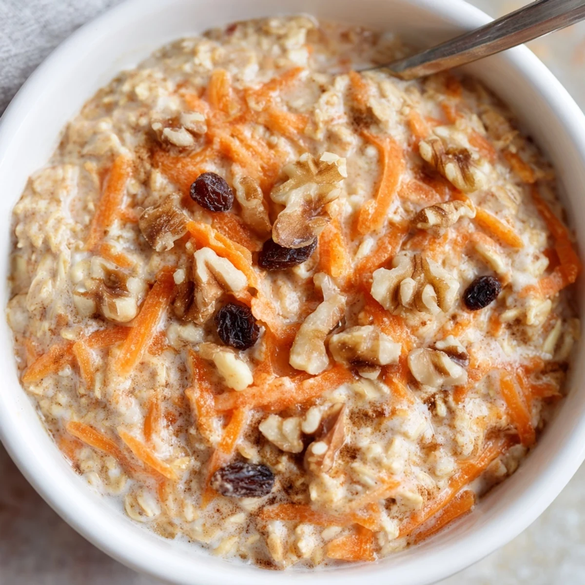Creamy carrot cake overnight oats in a mason jar topped with crunchy walnuts and a sprinkle of cinnamon