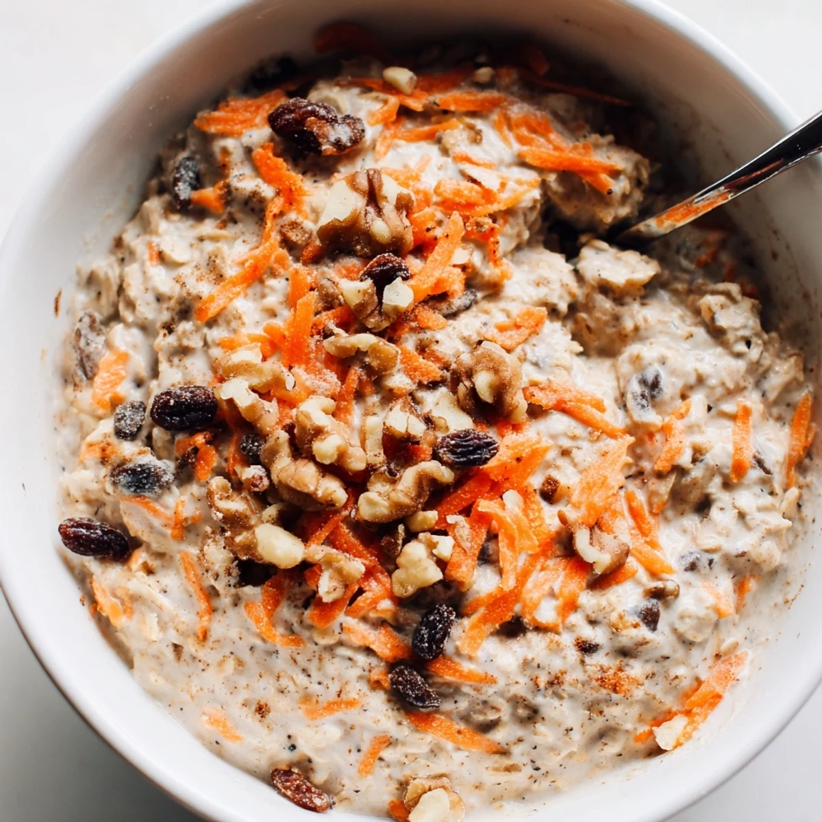 Carrot cake overnight oats swirled with grated carrots, raisins, and spices in a rustic breakfast bowl