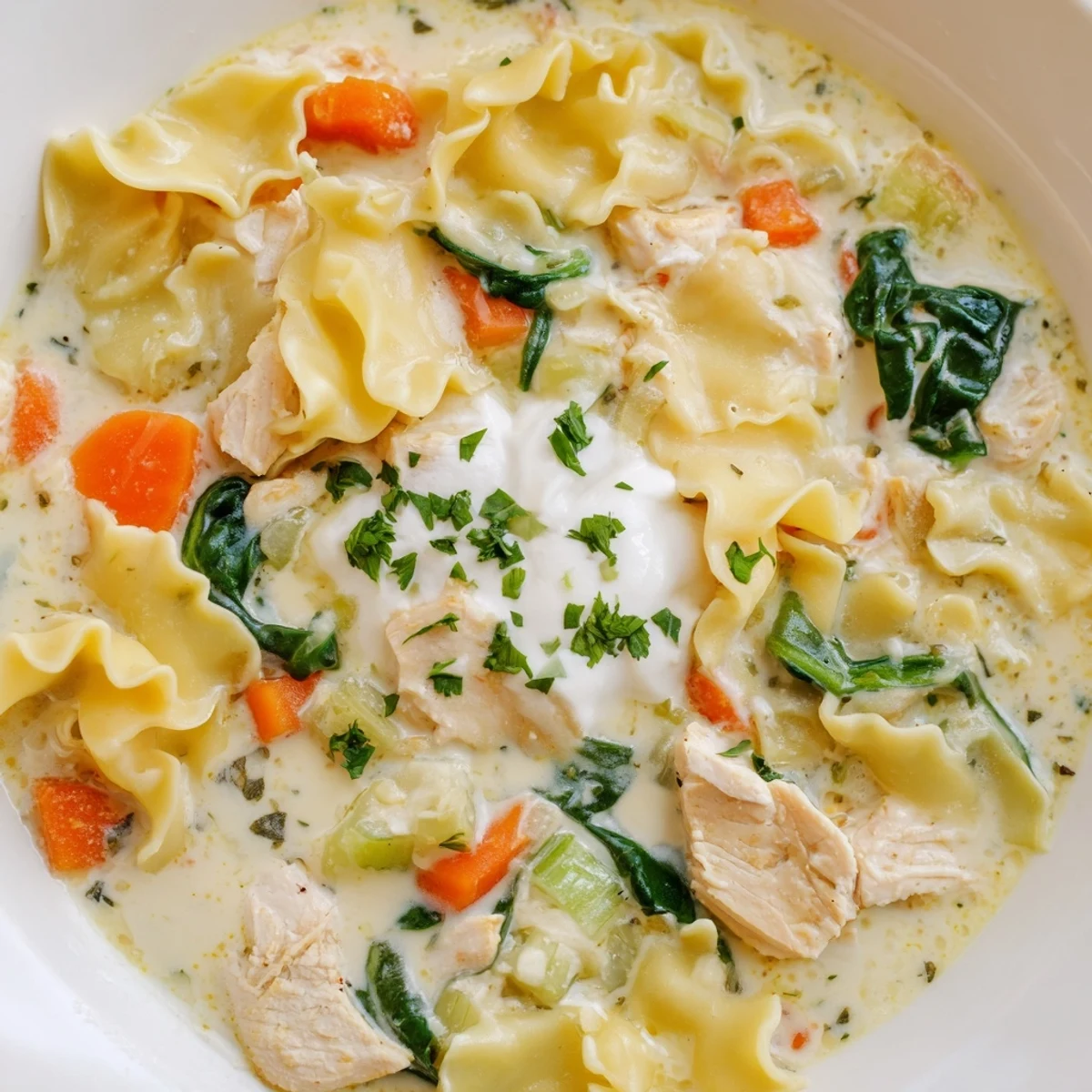 Creamy Italian White Lasagna Soup in a white bowl with melted cheese and fresh parsley garnish