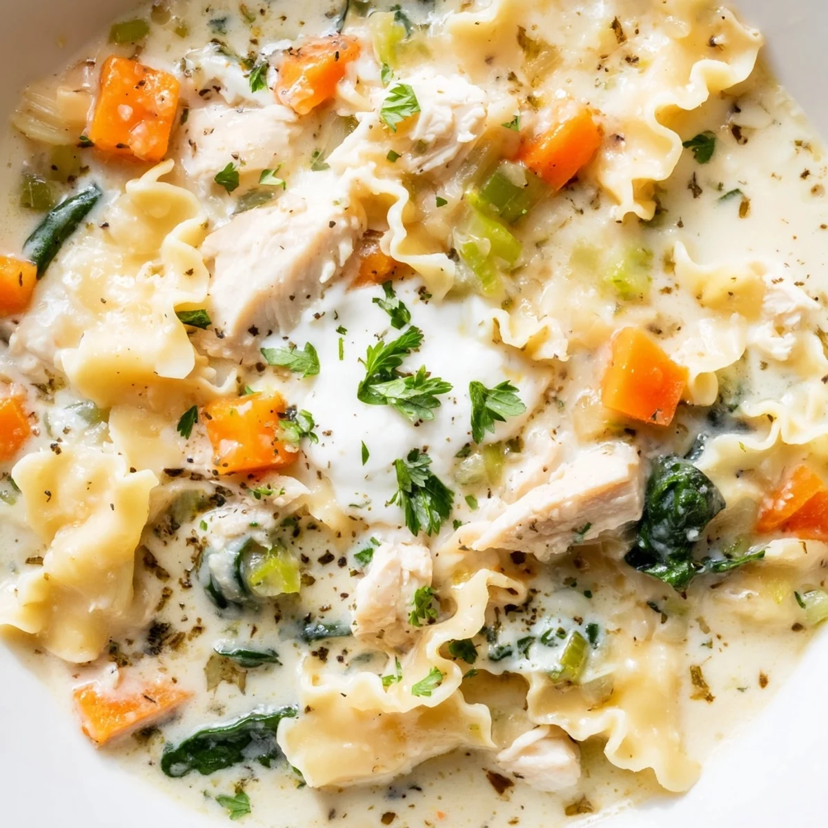 Steaming bowl of Italian White Lasagna Soup featuring tender chicken spinach and broken noodle pieces