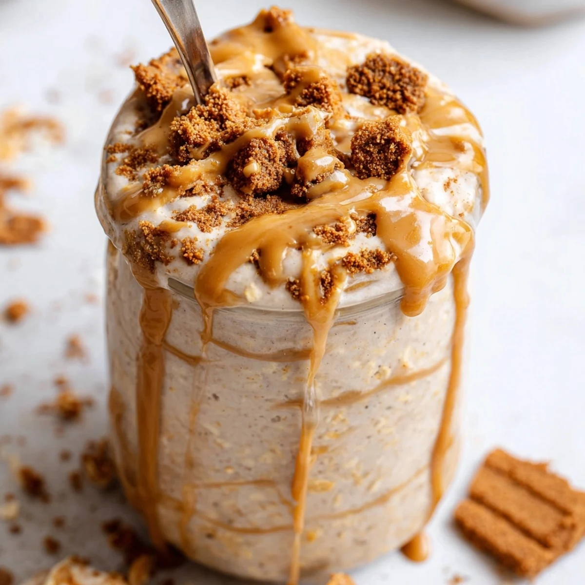 Creamy Biscoff overnight oats in a glass jar topped with crushed cookie crumbles and caramel drizzle