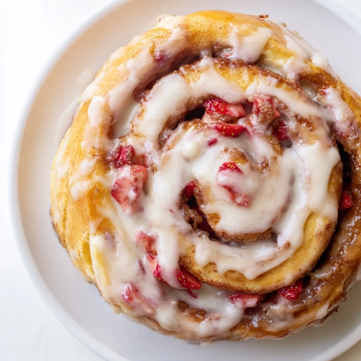 Golden strawberry cinnamon rolls with creamy glaze drizzled over swirled fruit filling